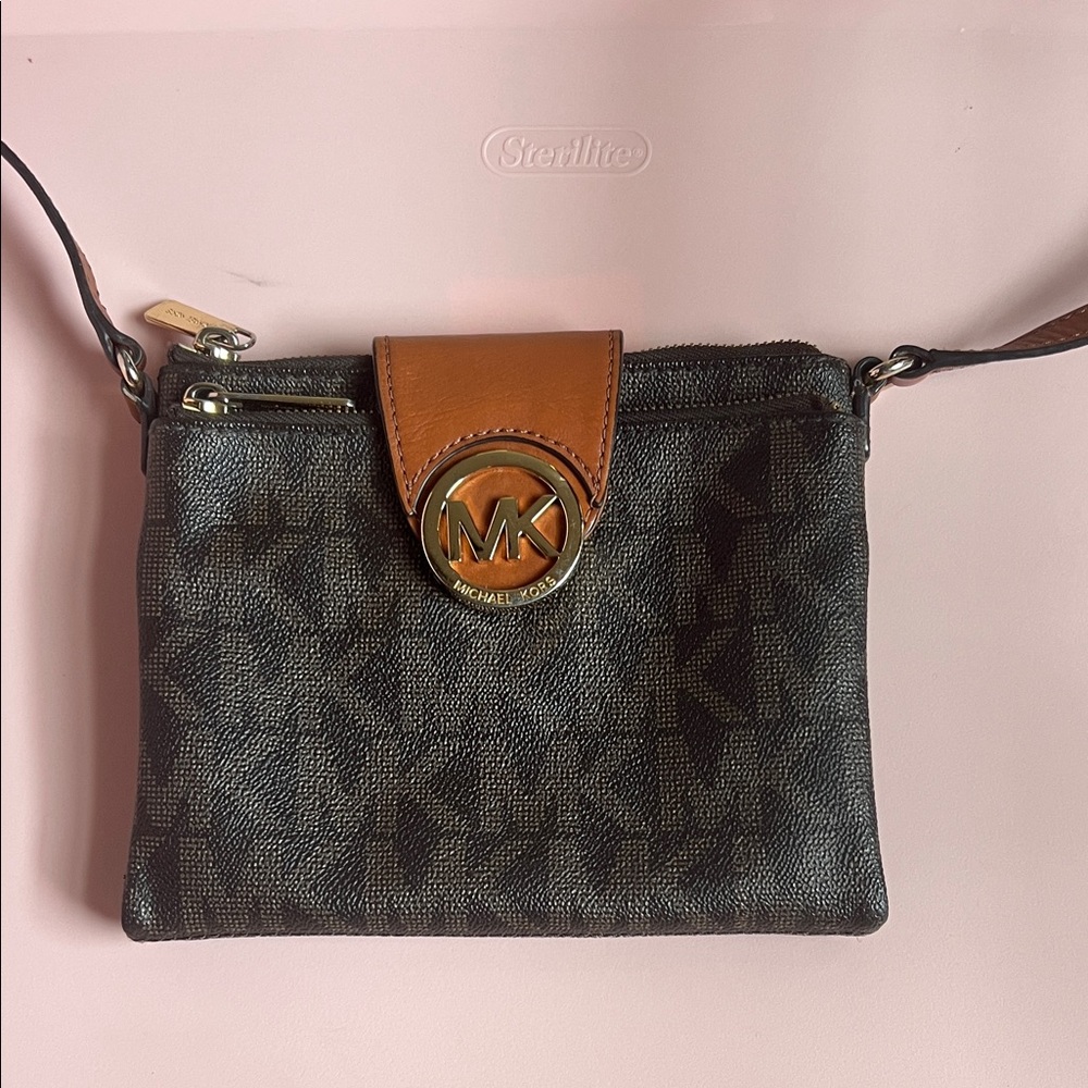 Michael Kors Dark Brown and Tan MK Logo Crossbody